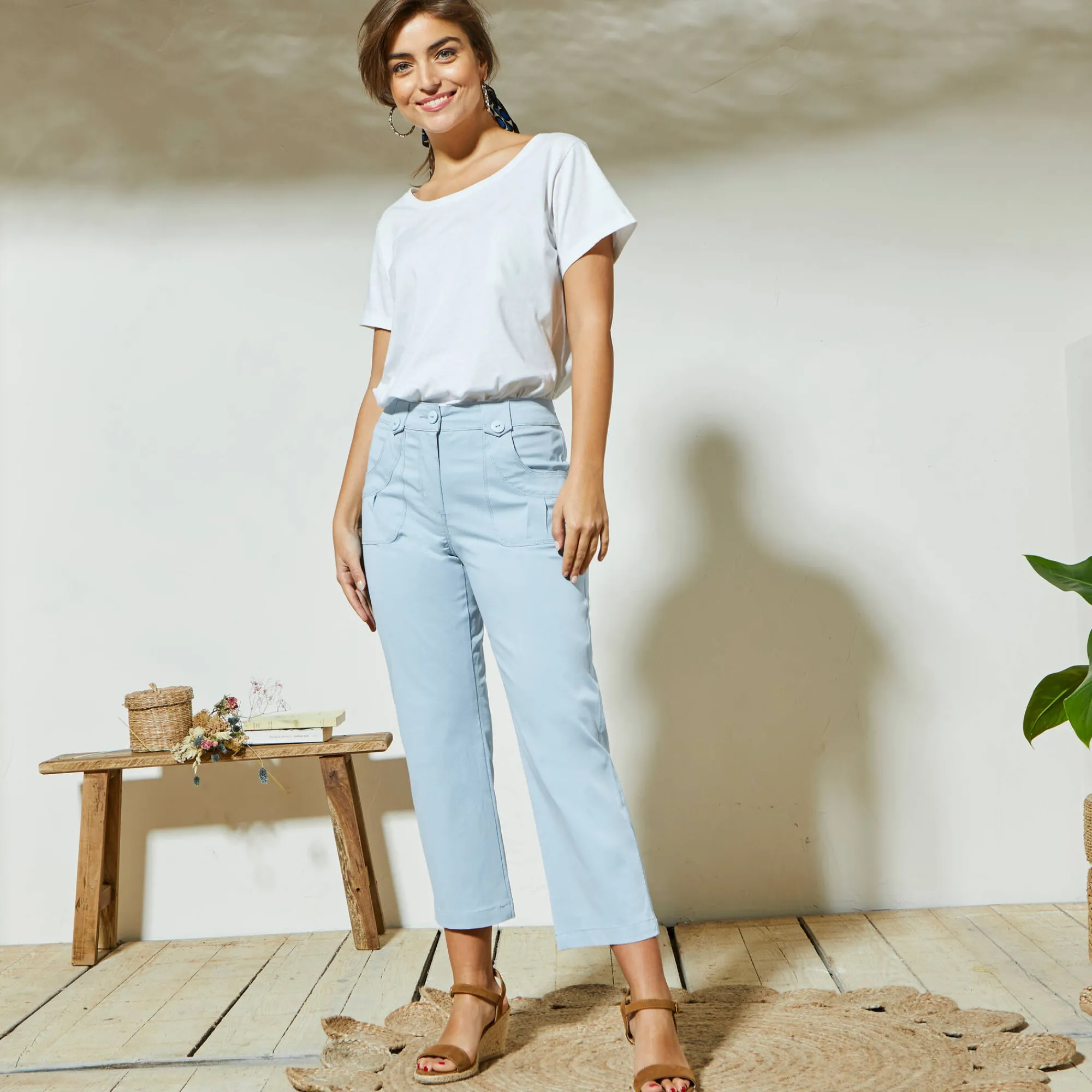 Broek<Blancheporte Rechte 7/8-broek met stretch hemelsblauw