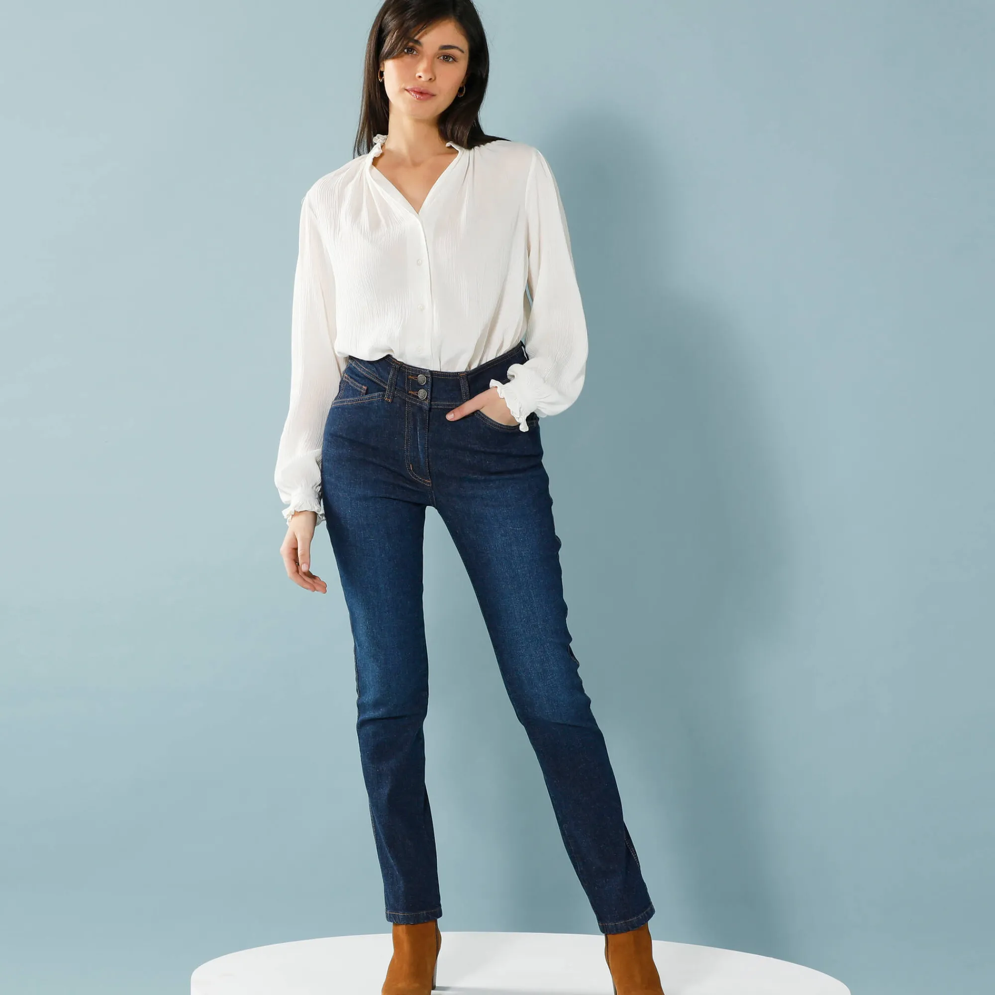 Jeans<Blancheporte Rechte jeans met deelnaden, speciaal voor kleine lengtes dark blue