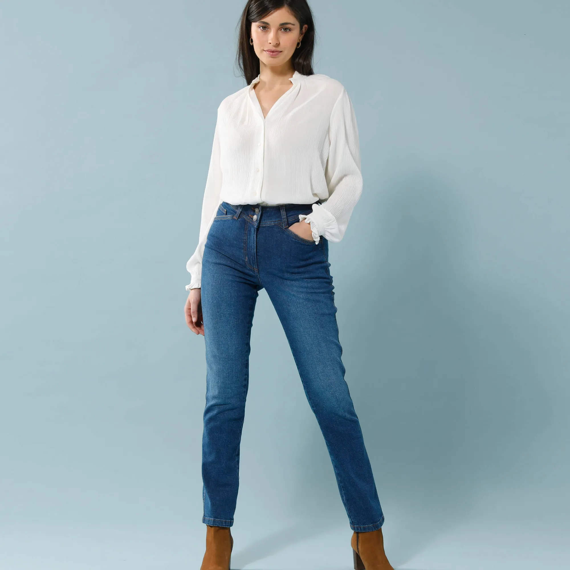 Jeans|Broek<Blancheporte Rechte jeans met deelnaden, kleine lengtes stone
