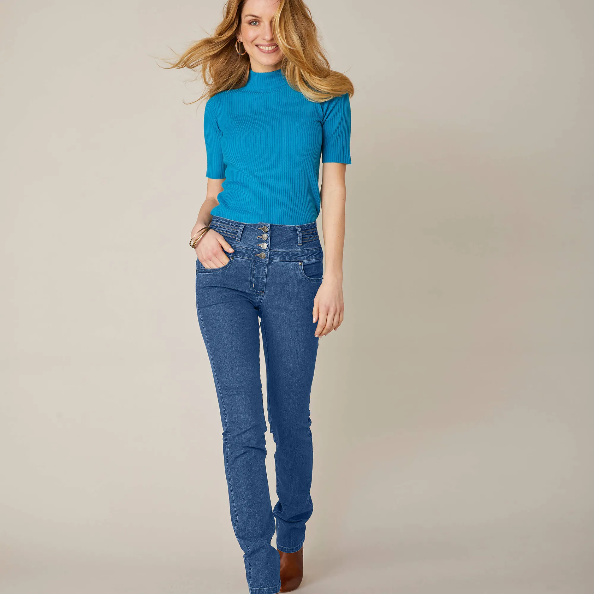 Jeans|Broek<Blancheporte Rechte jeans met hoge taille - kleine lengte stone