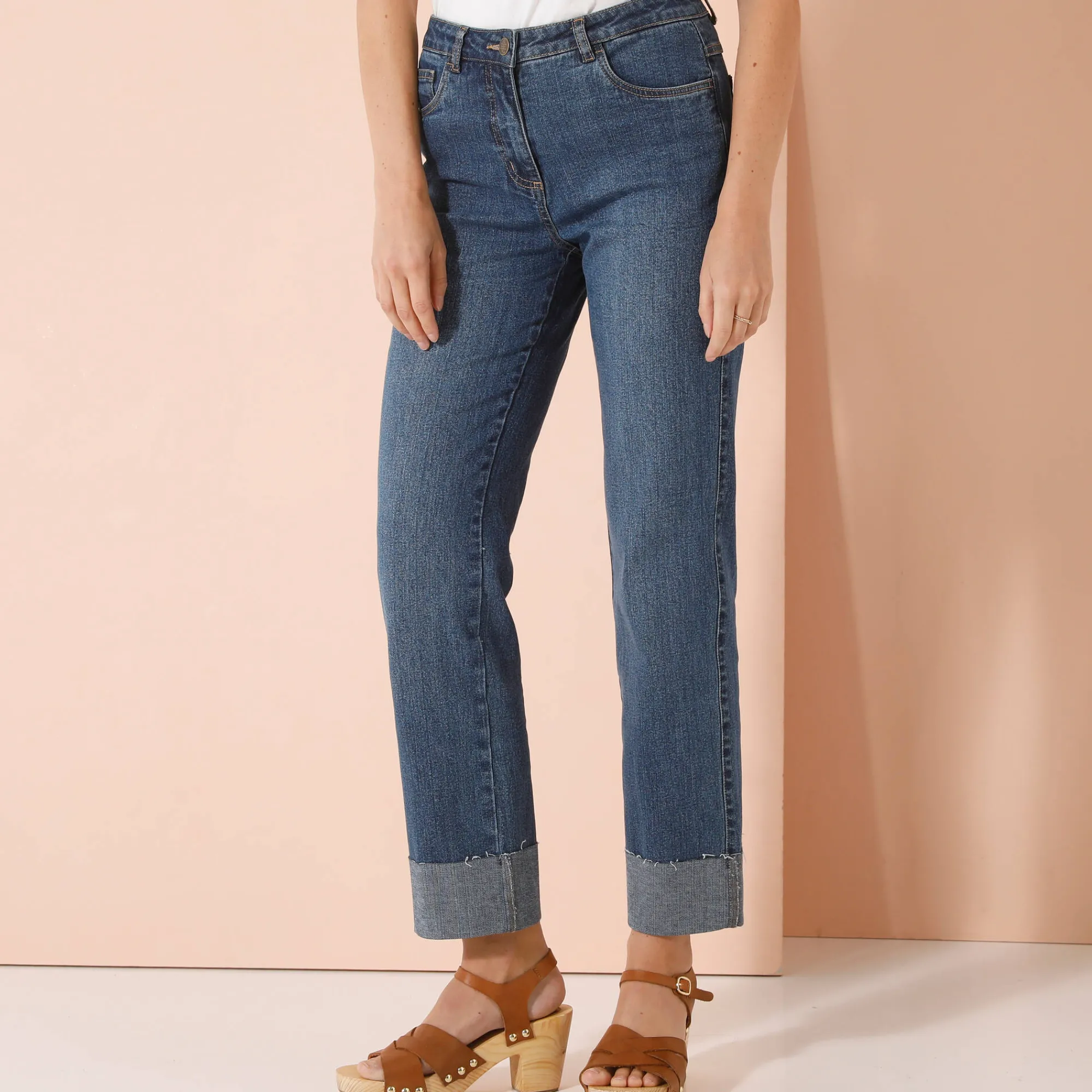 Jeans|Broek<Blancheporte Rechte 7/8-jeans met omslag, hoge taille stone used