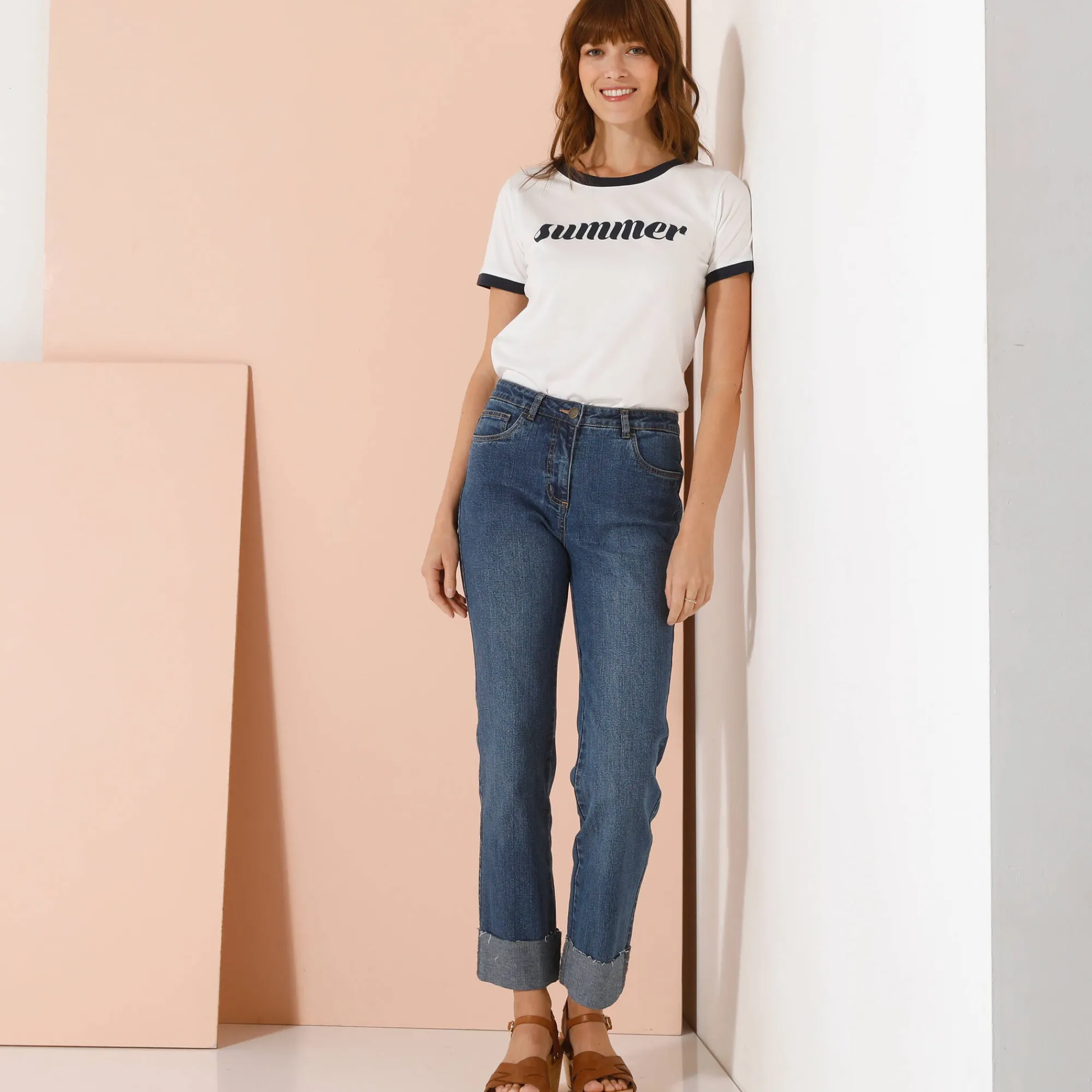 Jeans|Broek<Blancheporte Rechte 7/8-jeans met omslag, hoge taille stone used