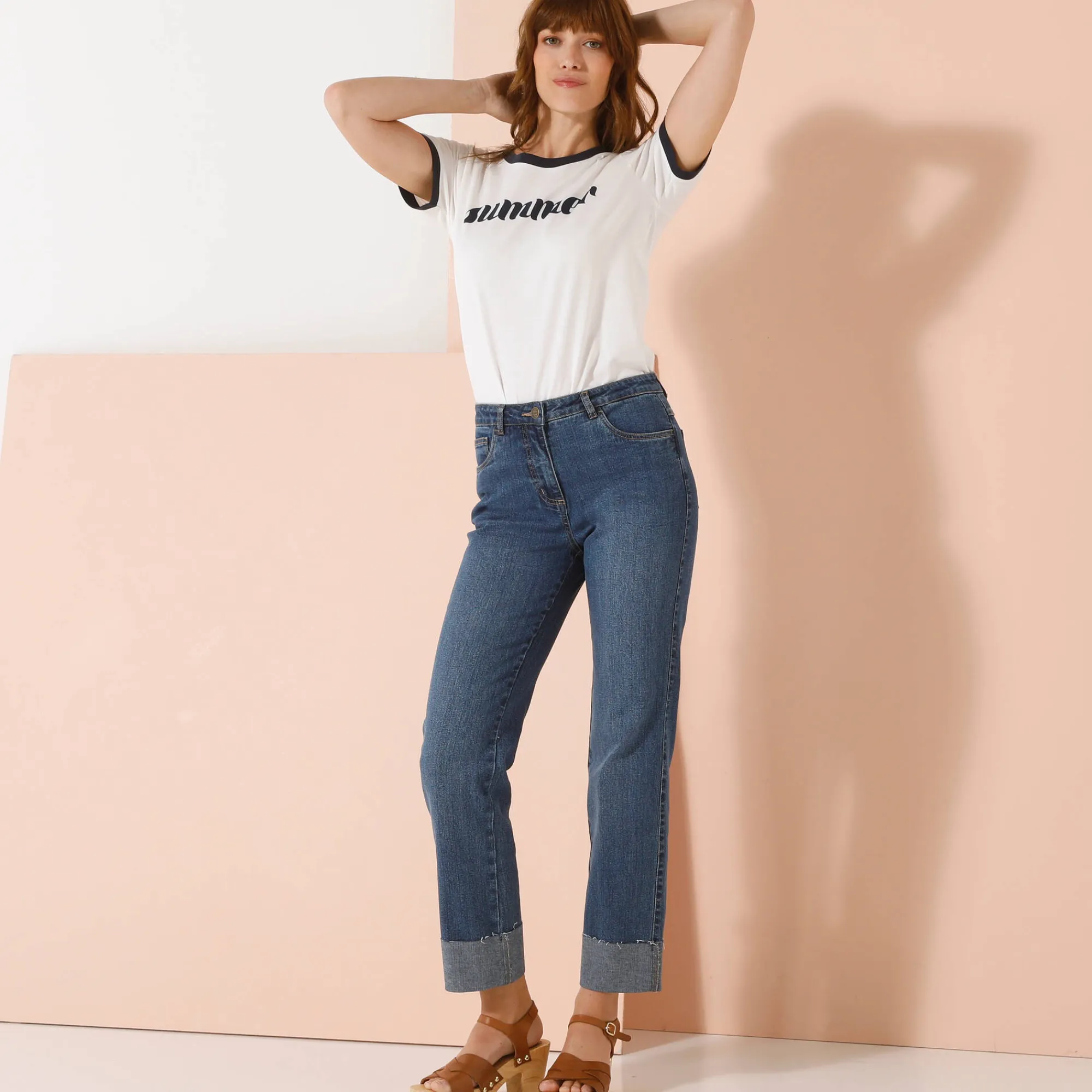 Jeans|Broek<Blancheporte Rechte 7/8-jeans met omslag, hoge taille stone used