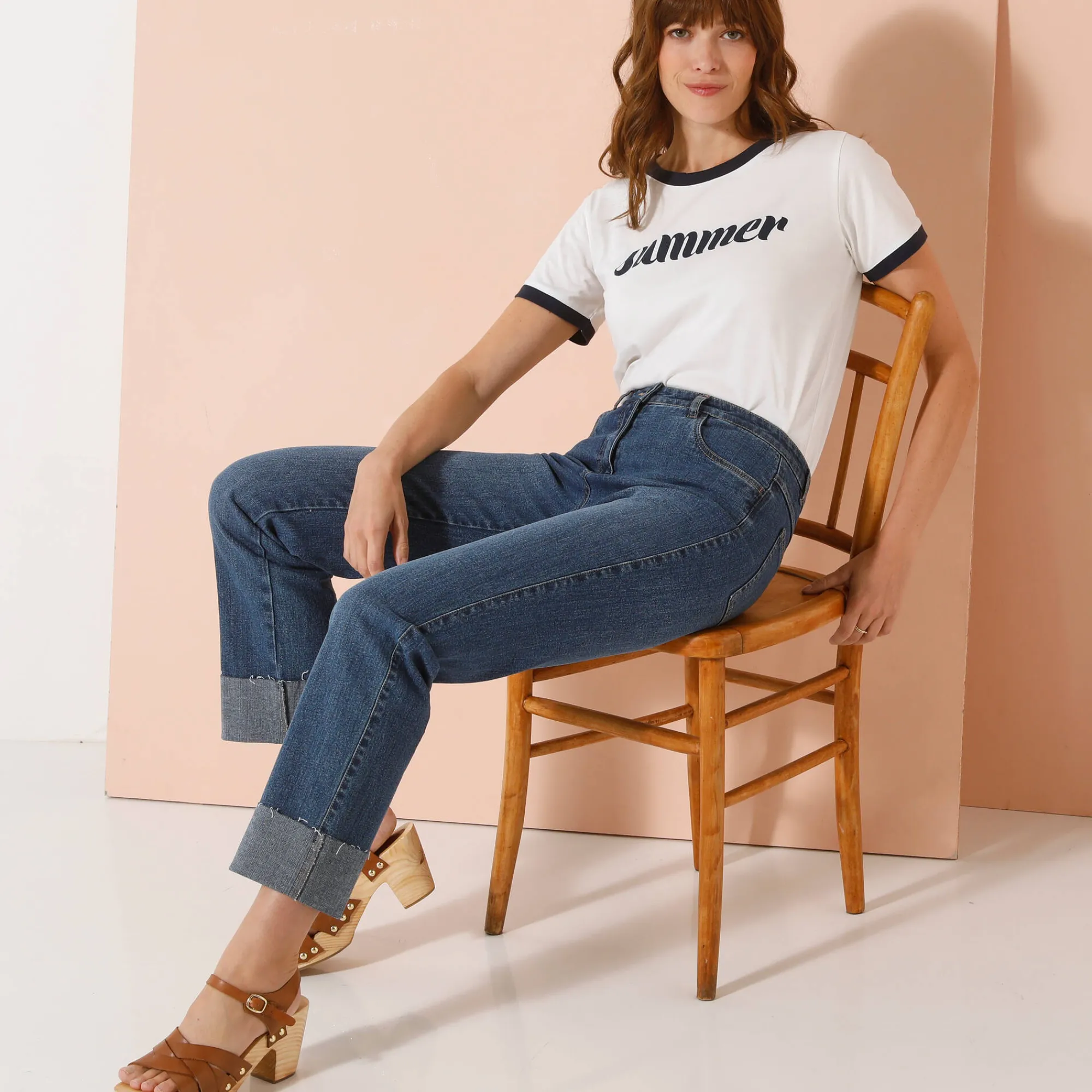Jeans|Broek<Blancheporte Rechte 7/8-jeans met omslag, hoge taille stone used