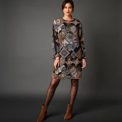 Feestoutfits Dames|Jurk<Lora Zellini Rechte jurk, print met patchworkeffect zwart / beige