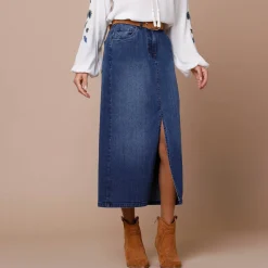 Rok<Lora Zellini Rechte rok met split, jeans stone