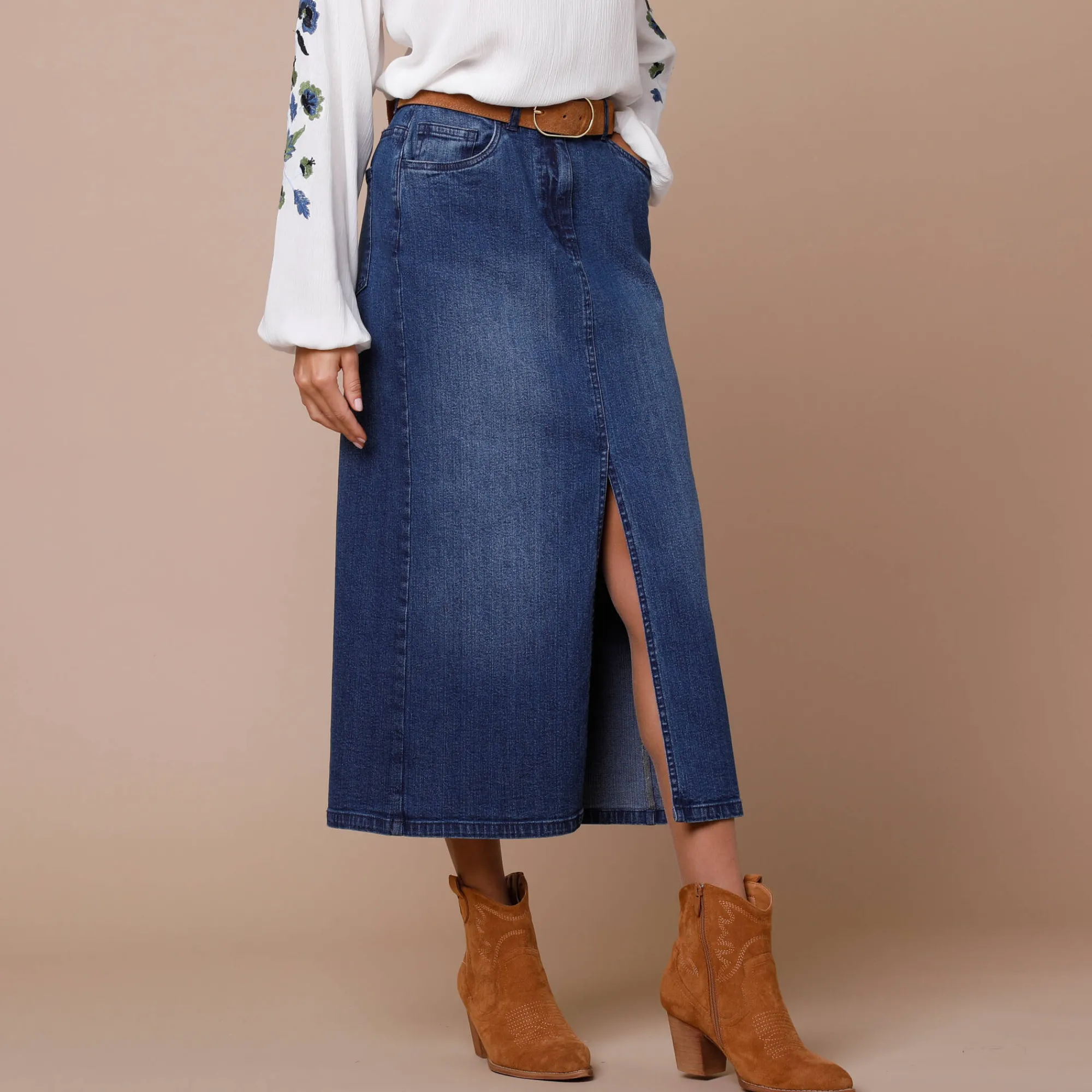 Rok<Lora Zellini Rechte rok met split, jeans stone
