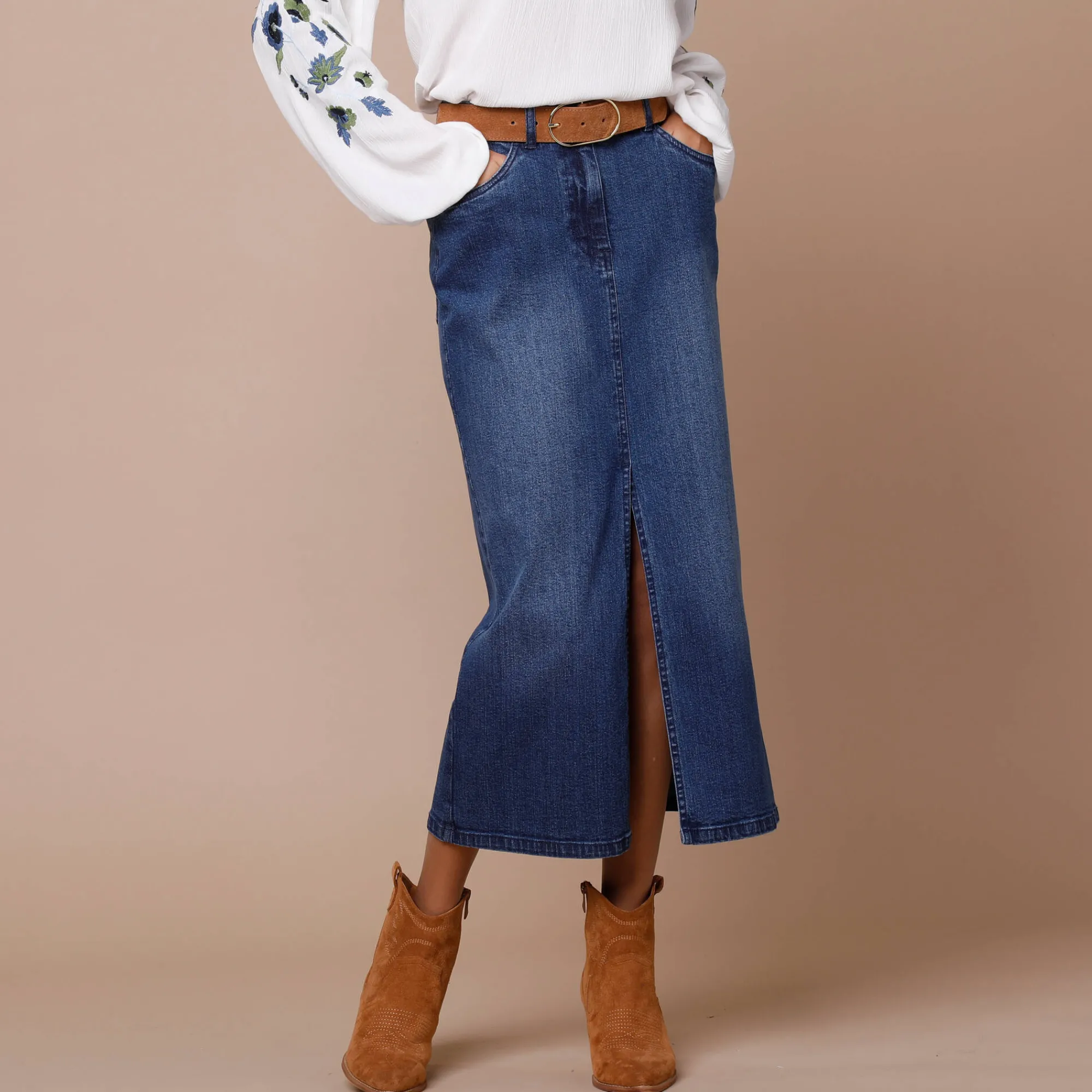 Rok<Lora Zellini Rechte rok met split, jeans stone