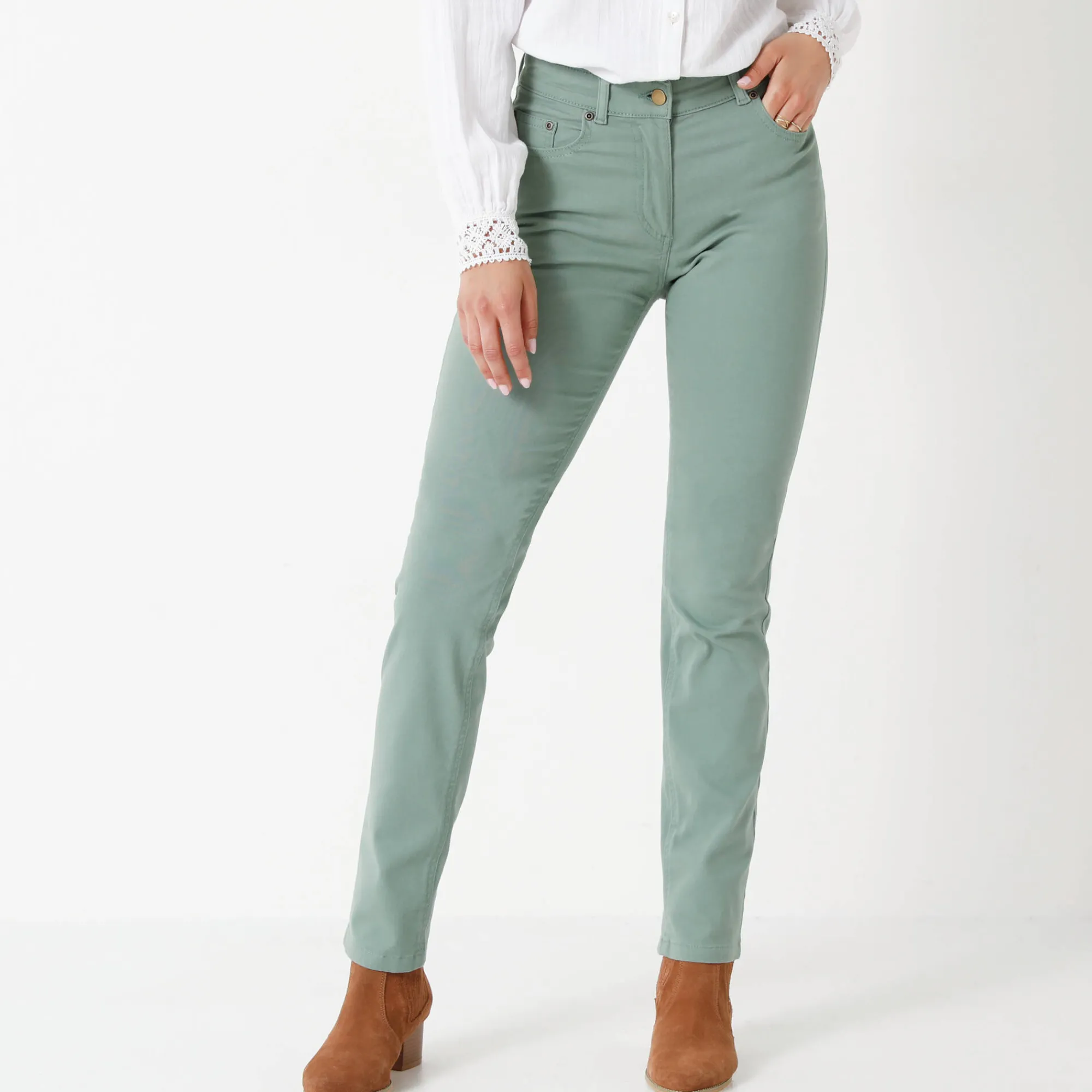 Broek<Colors&Co Rechte stretchbroek grijsgroen