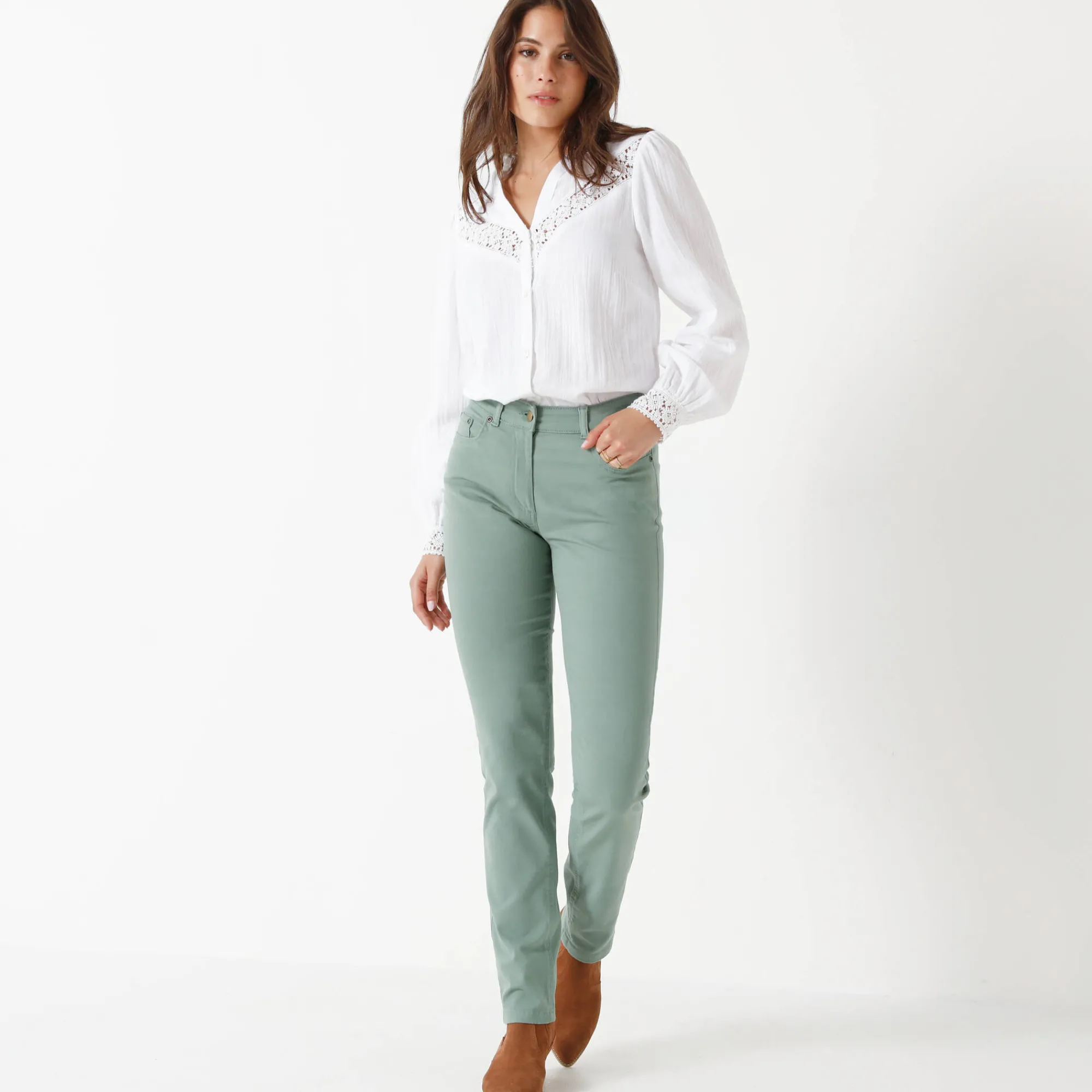 Broek<Colors&Co Rechte stretchbroek grijsgroen