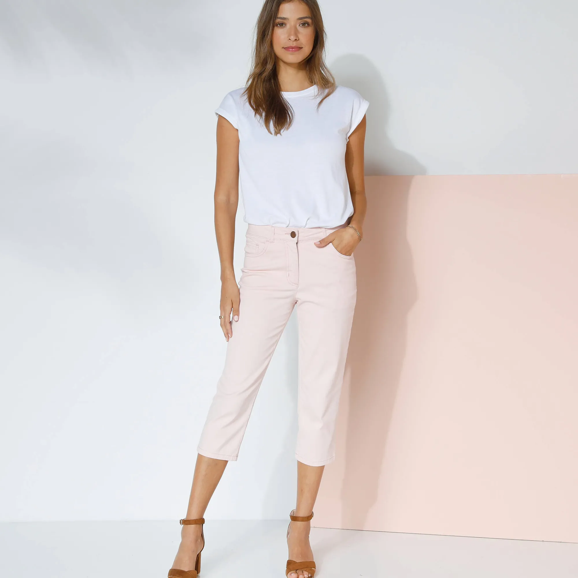 Broek<Blancheporte Rekbare 3/4-broek in rekbaar katoen met 'platte buik'-effect poederroze
