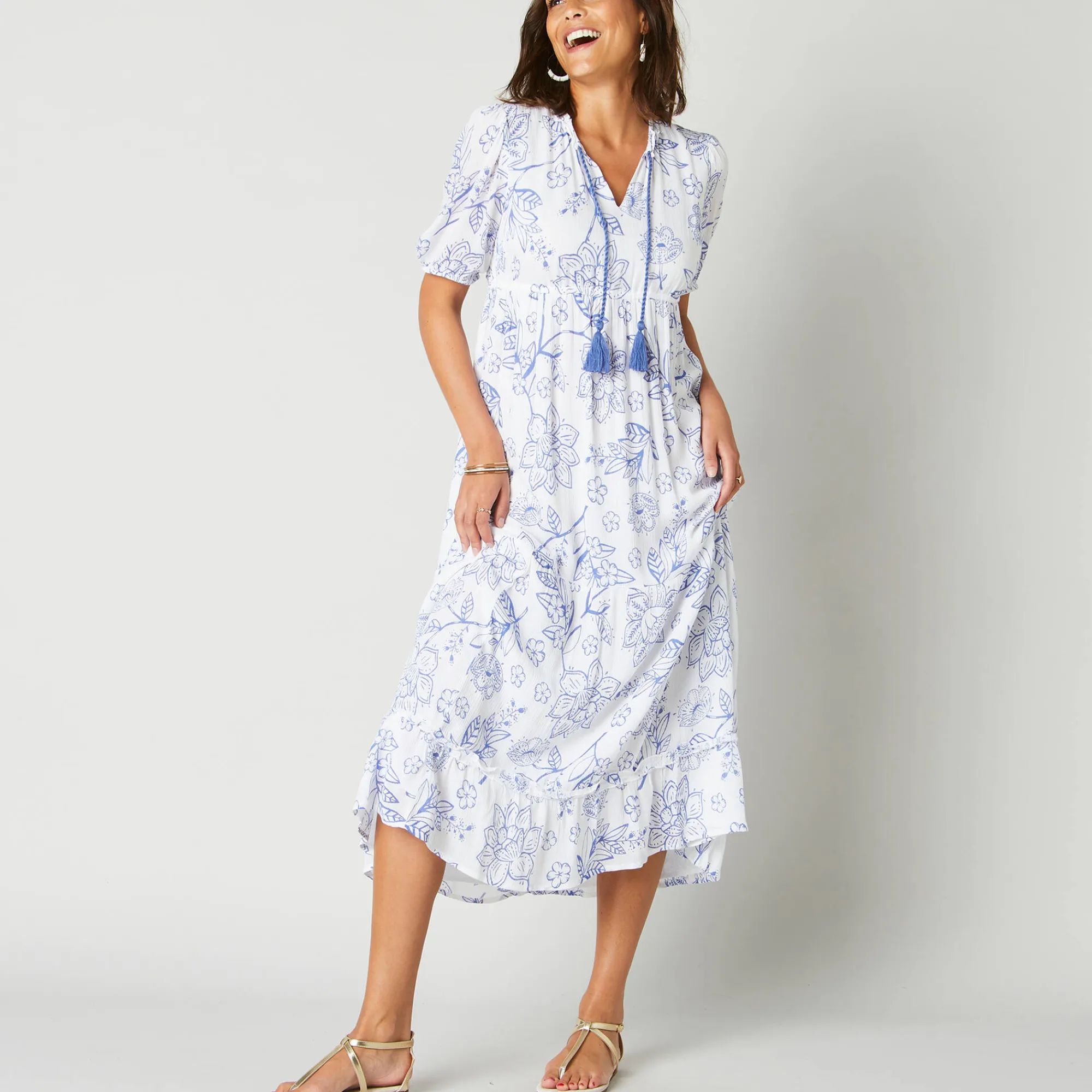 Jurk<Blancheporte Robe longue volantée imprimée wit / blauw
