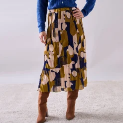 Rok<Blancheporte Rok in plissévoile, grafische print, kleine lengte bronskleur / blauw