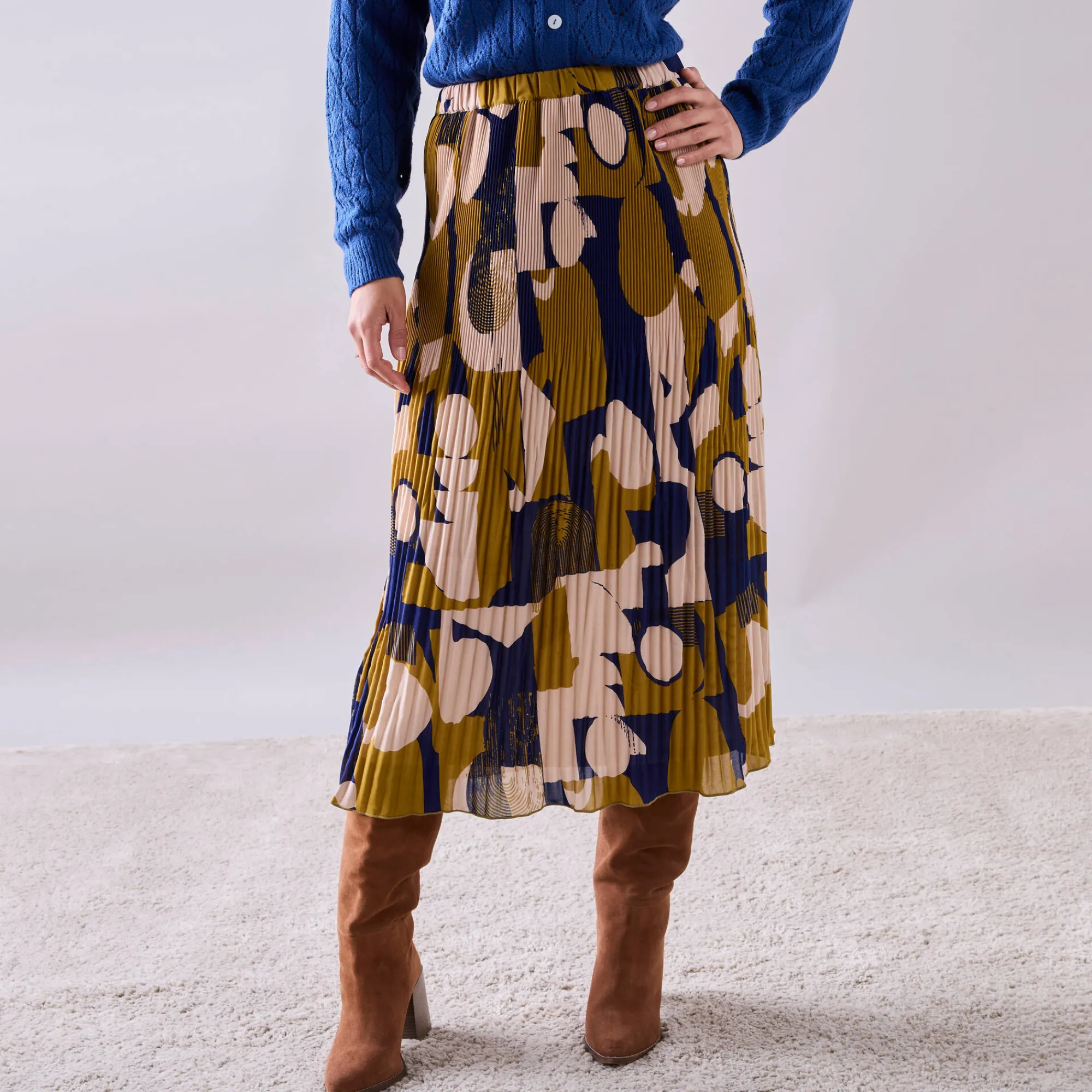 Rok<Blancheporte Rok in plissévoile, grafische print, kleine lengte bronskleur / blauw