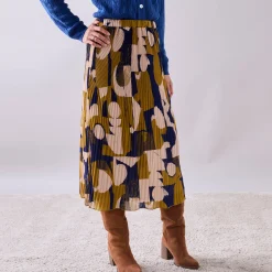 Rok<Blancheporte Rok in plissévoile, grafische print, kleine lengte bronskleur / blauw