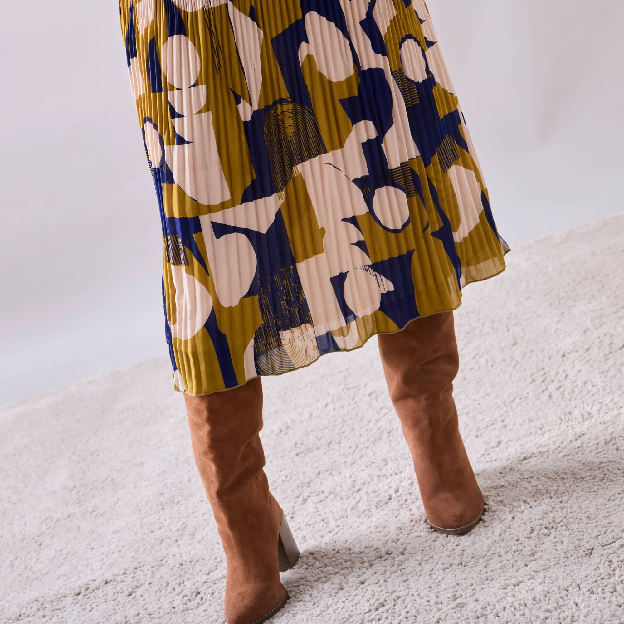 Rok<Blancheporte Rok in plissévoile, grafische print, kleine lengte bronskleur / blauw