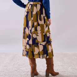 Rok<Blancheporte Rok in plissévoile, grafische print, kleine lengte bronskleur / blauw