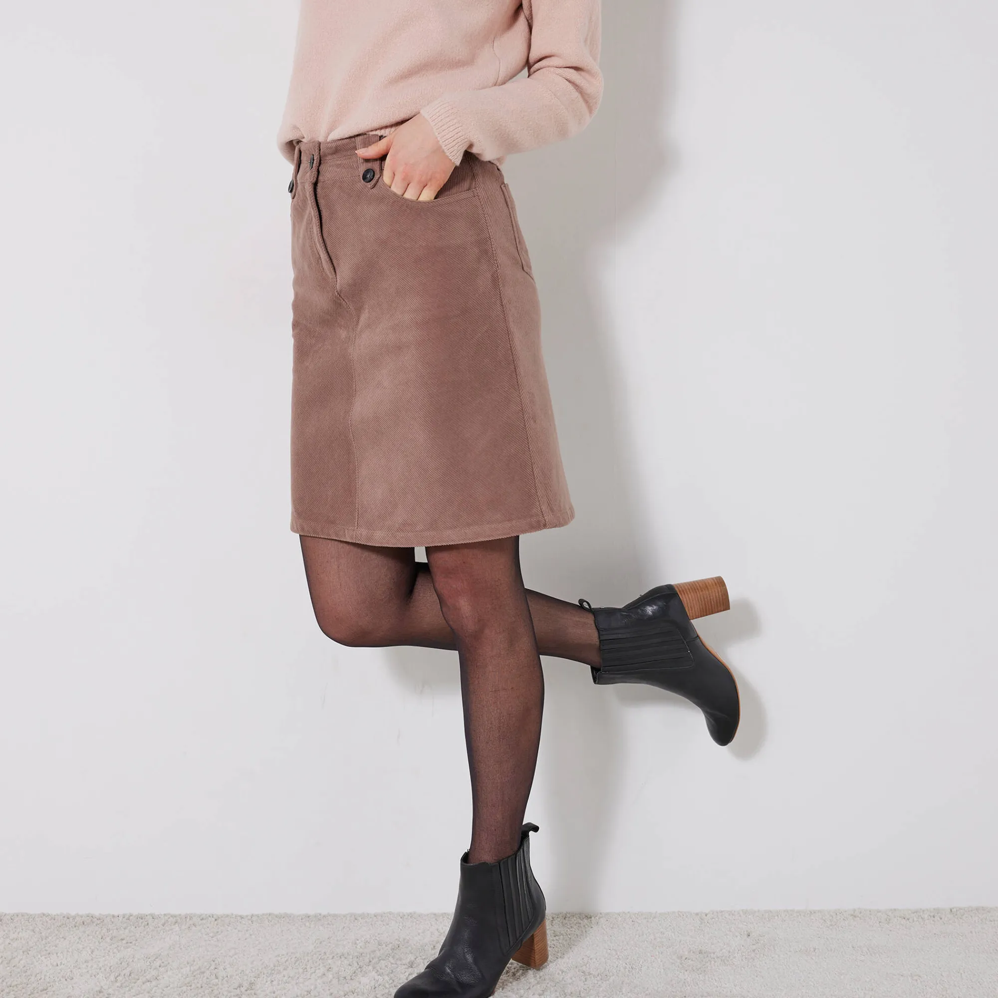 Rok<Blancheporte Rok in ribvelours met A-lijn taupe