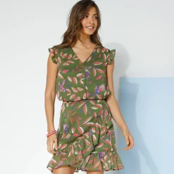 Rok<Blancheporte Rok in wikkelstijl met stroken, bedrukte voile kaki / koraal