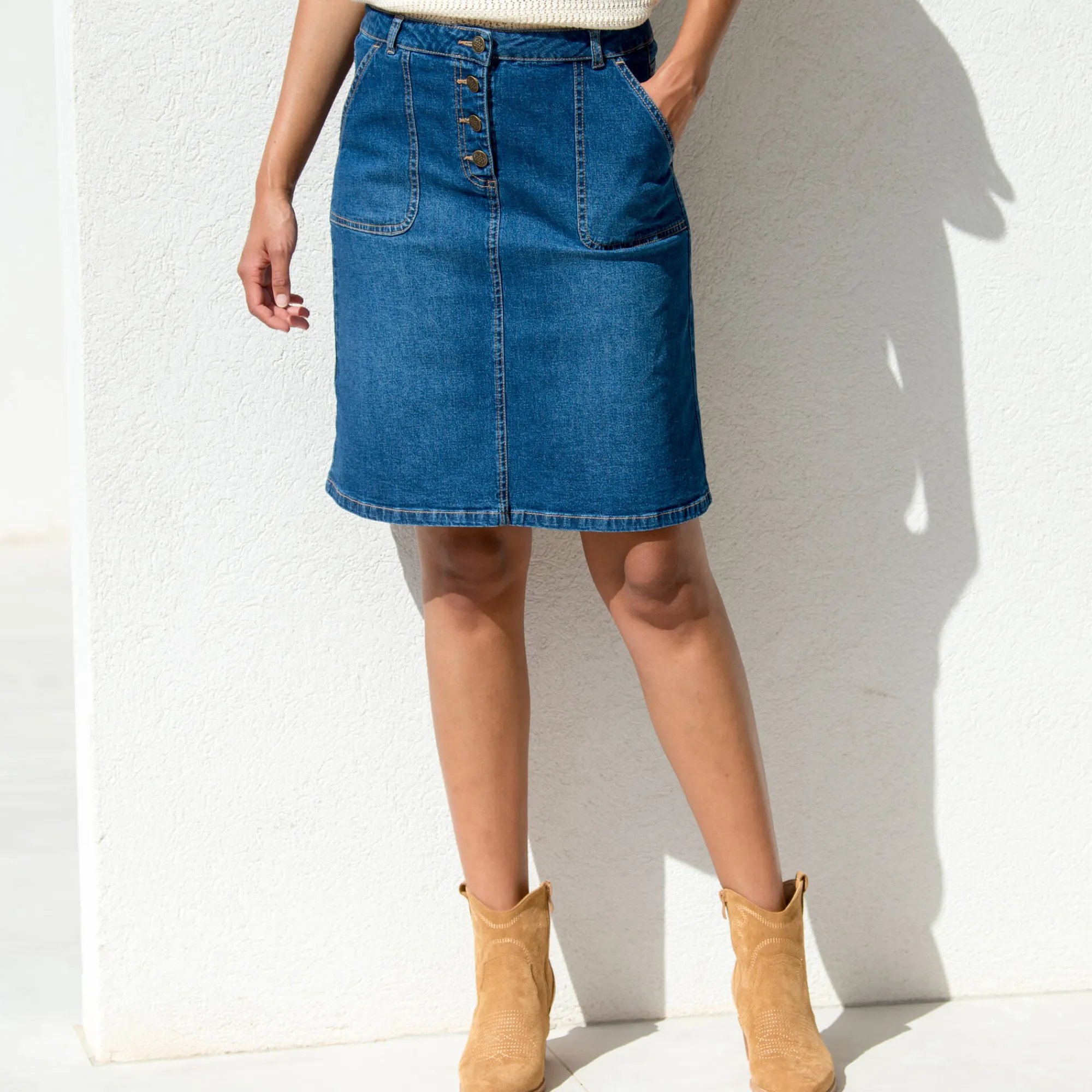 Rok<Blancheporte Rok met A-lijn, in jeans met knopen stone used