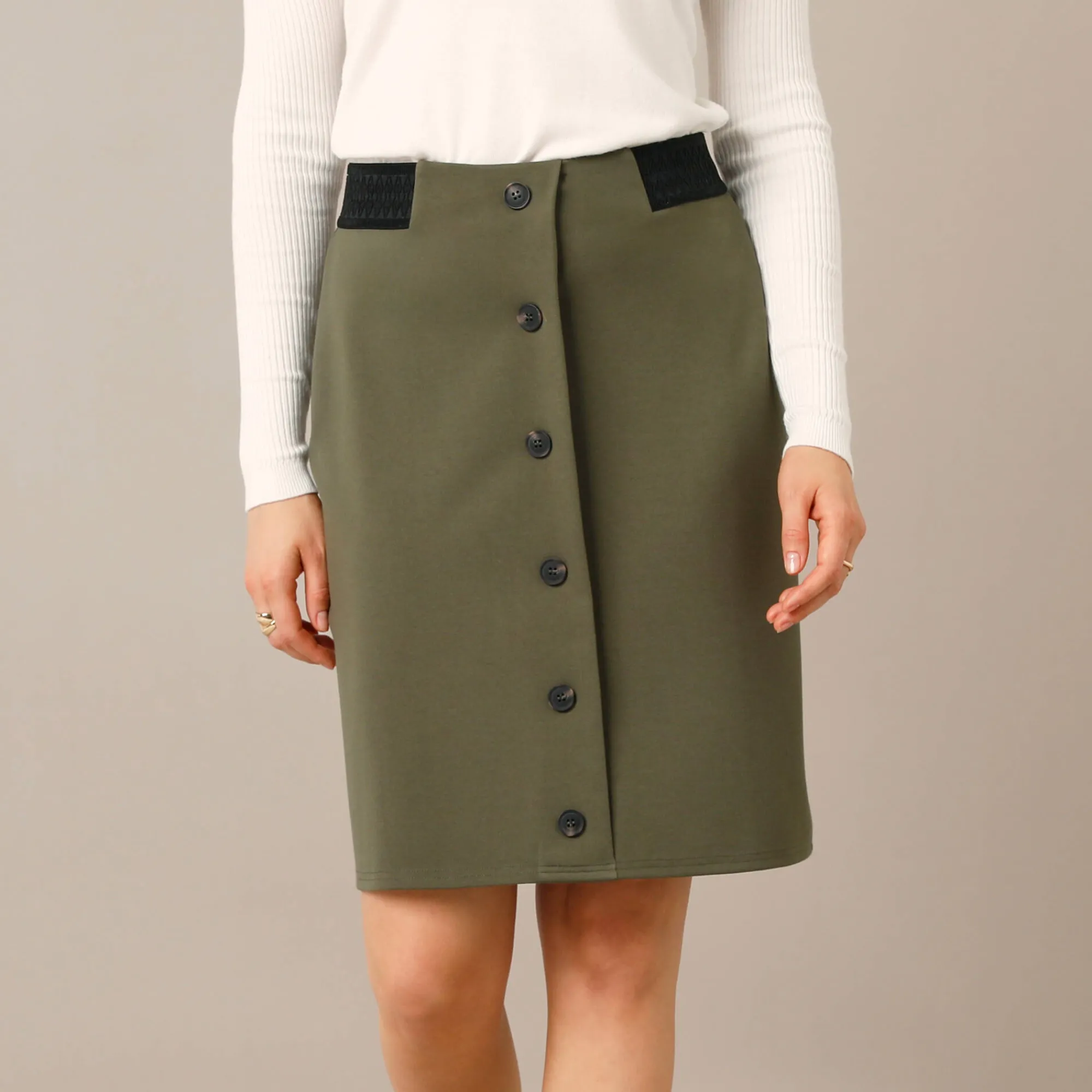 Rok<Blancheporte Rok met fantasieknopen, milano-breisel kaki