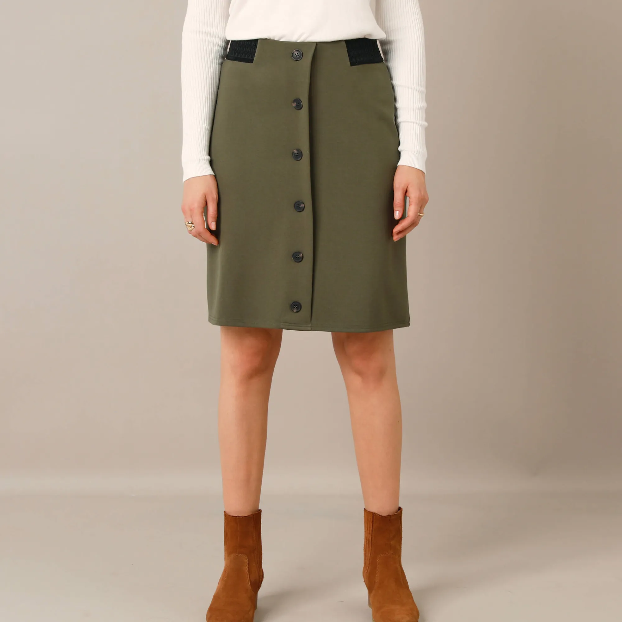 Rok<Blancheporte Rok met fantasieknopen, milano-breisel kaki