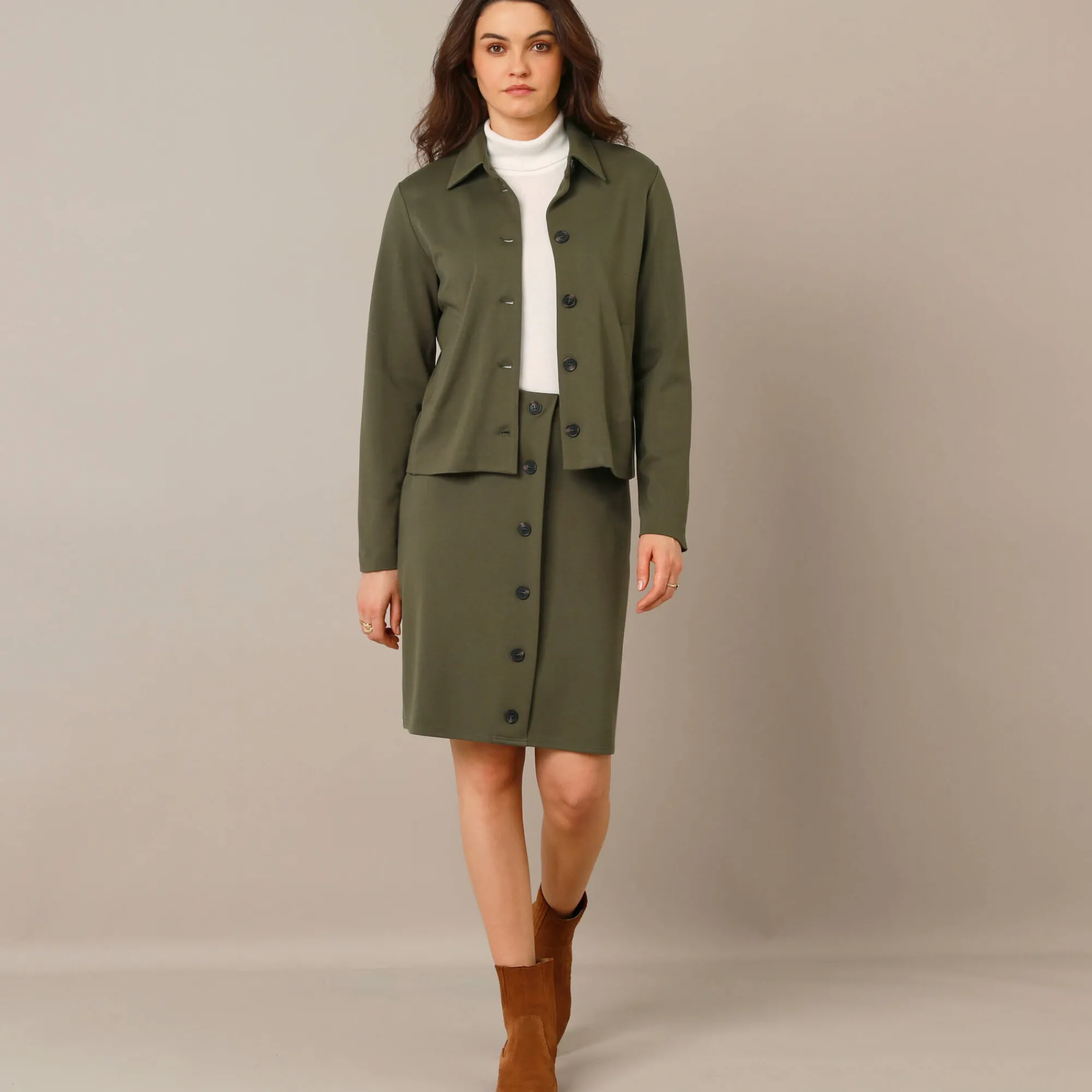 Rok<Blancheporte Rok met fantasieknopen, milano-breisel kaki