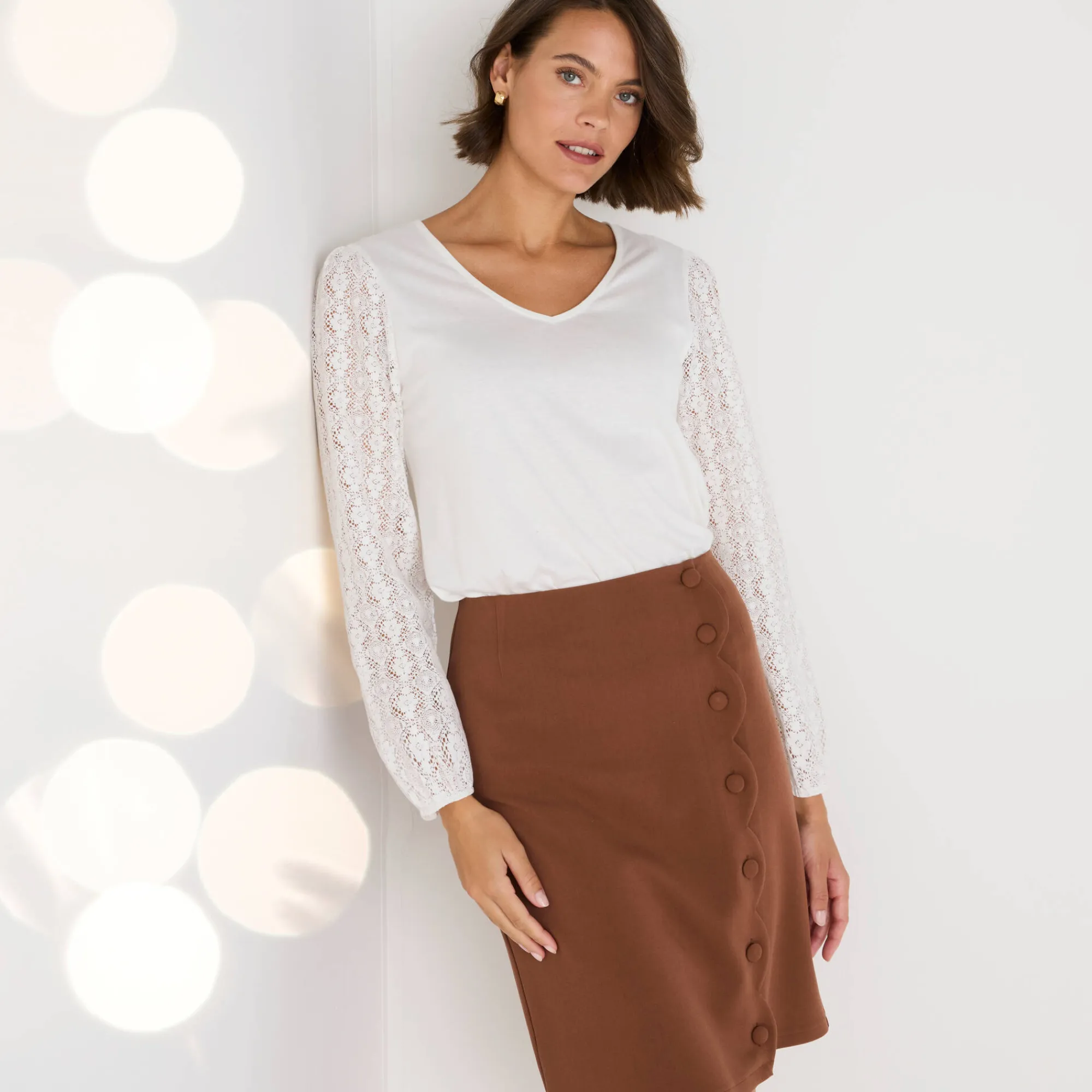Feestoutfits Dames|Rok<Blancheporte Rok met knoopsluiting en festonrand karamel