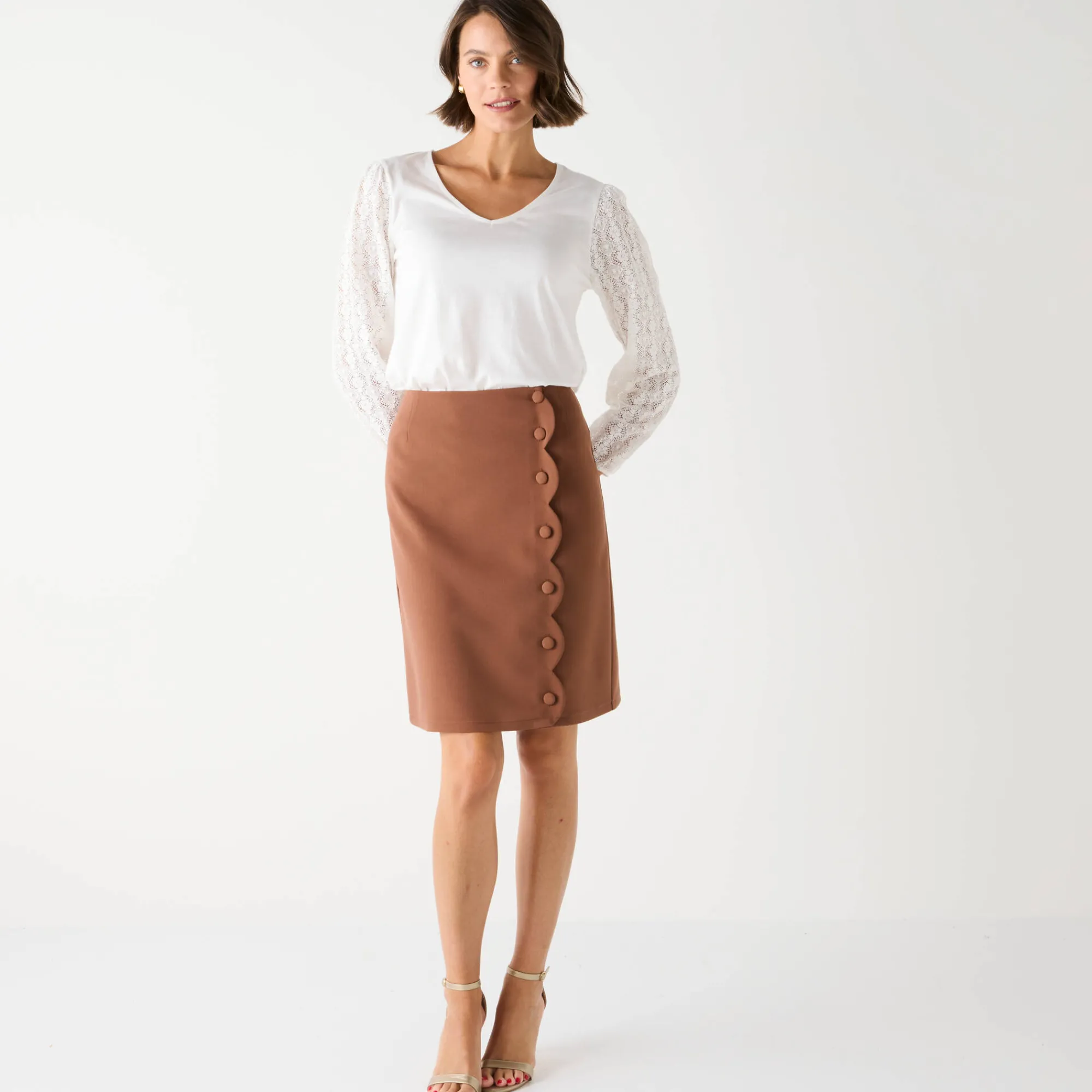Feestoutfits Dames|Rok<Blancheporte Rok met knoopsluiting en festonrand karamel