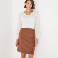 Feestoutfits Dames|Rok<Blancheporte Rok met knoopsluiting en festonrand karamel