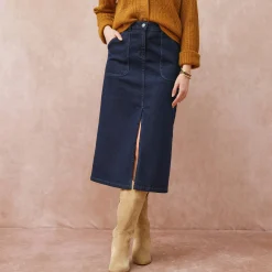 Rok<Blancheporte Rok met split en midilengte, soepel denim raw