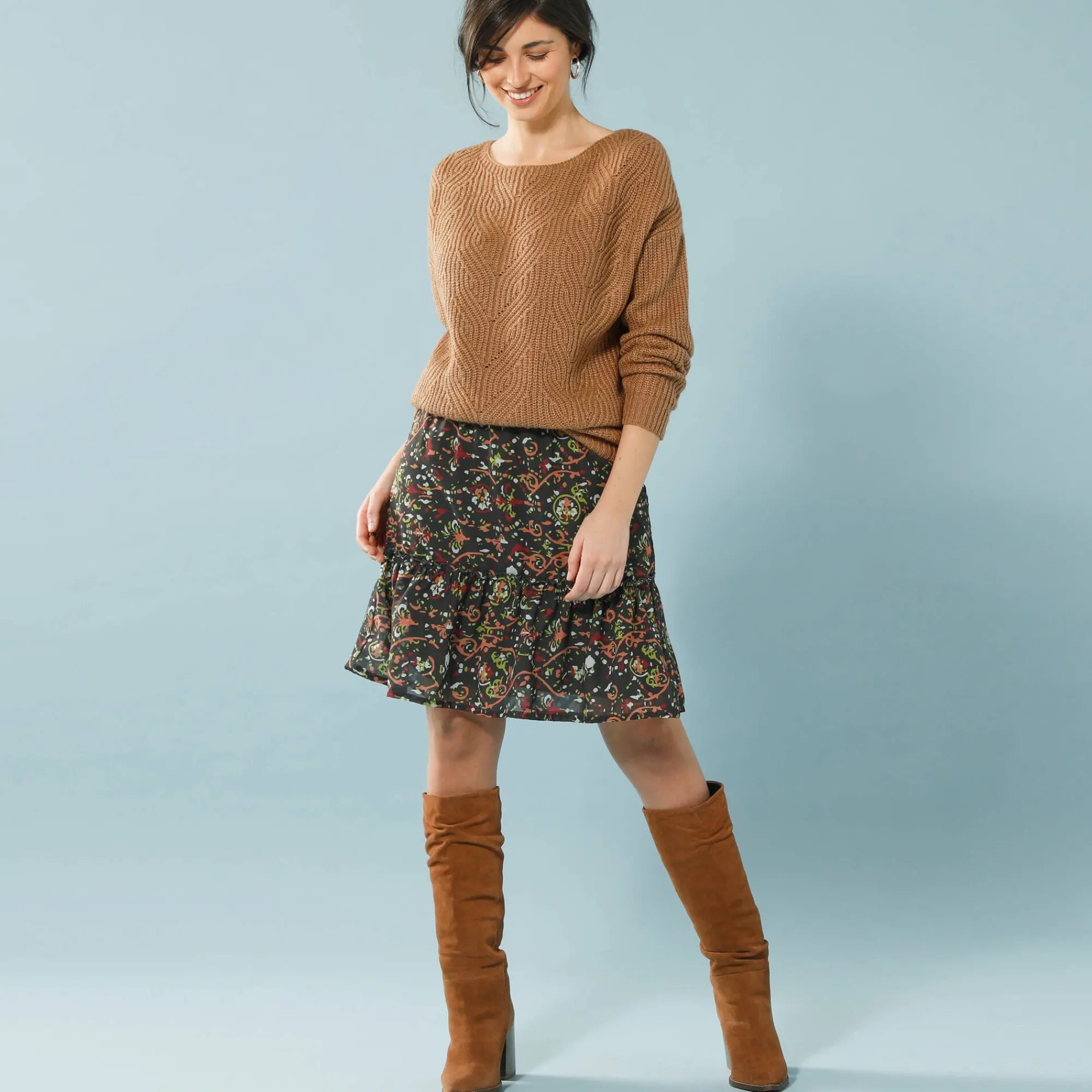 Rok<Blancheporte Rok met stroken, in bedrukte voile, voor kleine lengtes kaki