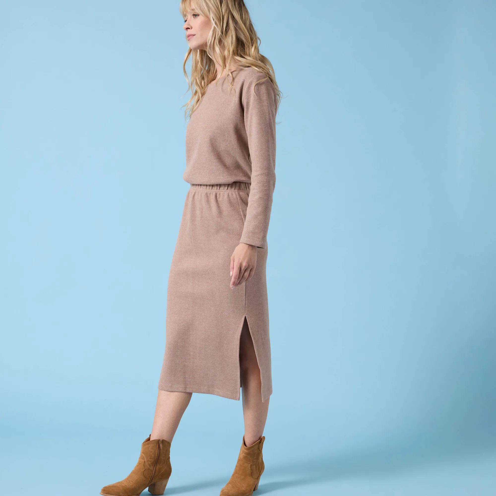 Rok<Blancheporte Rok Special Petite, geribbelde tricot chiné hazelnootbruin