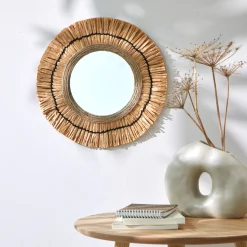 Decoratieartikel<Blancheporte Rond muurspiegel met raffiaeffect naturel