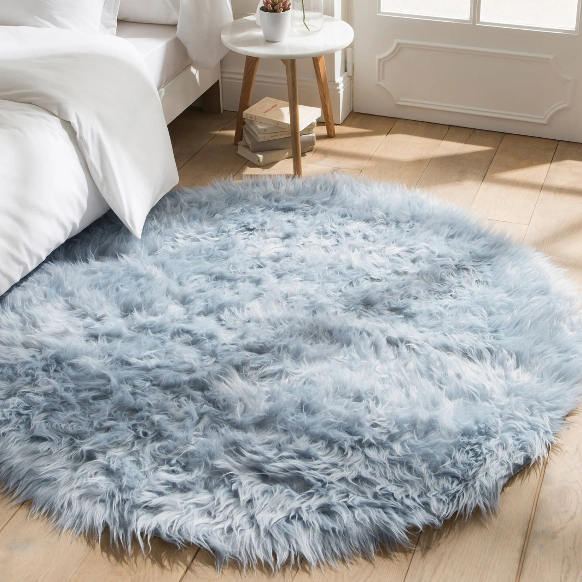 Tapijt<Blancheporte Rond tapijtje met hoge polen gletsjerblauw