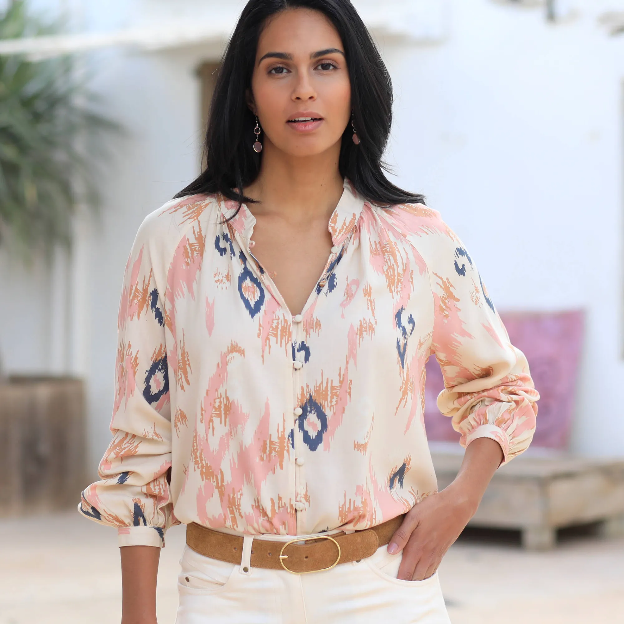 Bloes En Tuniek<Blancheporte Ruime bedrukte bloes, bloezende mouwen beige / roze