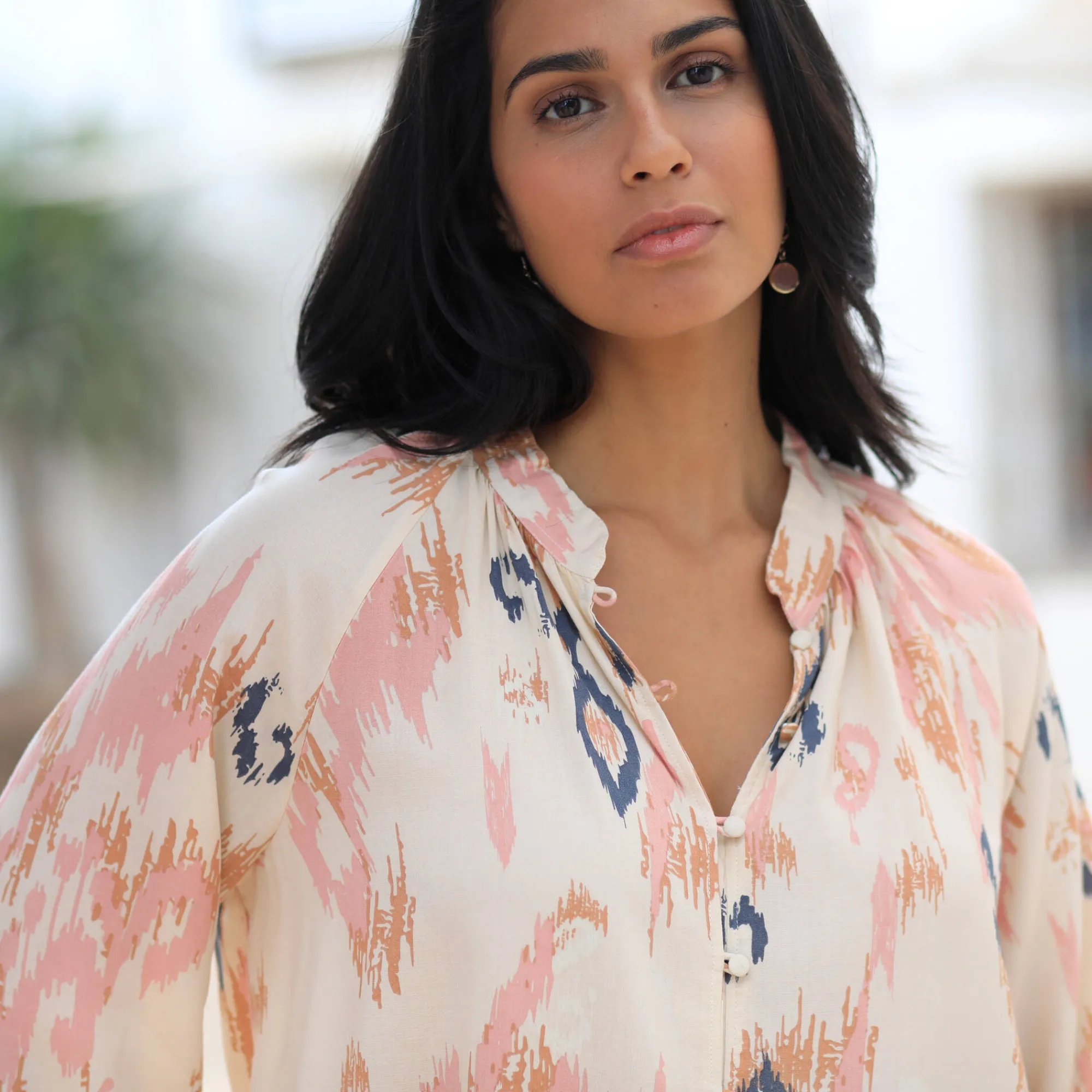 Bloes En Tuniek<Blancheporte Ruime bedrukte bloes, bloezende mouwen beige / roze
