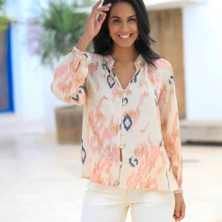Bloes En Tuniek<Blancheporte Ruime bedrukte bloes, bloezende mouwen beige / roze