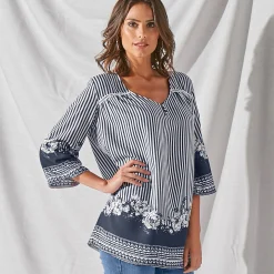 Bloes En Tuniek<Blancheporte Ruime, bedrukte bloes met 3/4-pagodemouwen indigo / ecru