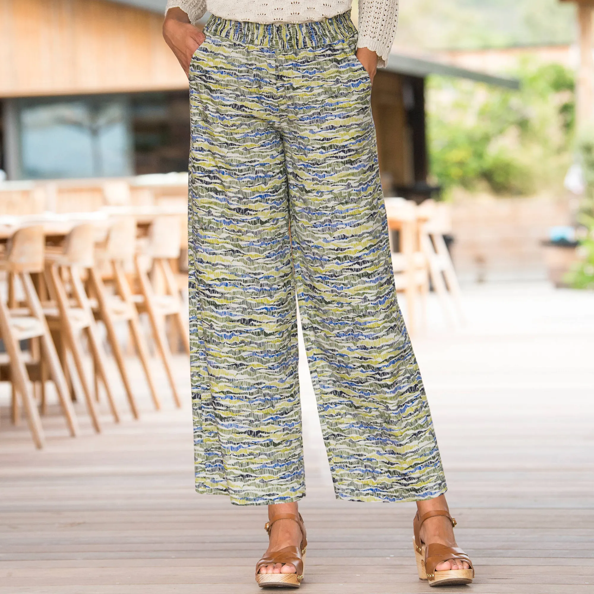 Broek<Blancheporte Ruime, bedrukte broek, elastische taille kaki / blauw