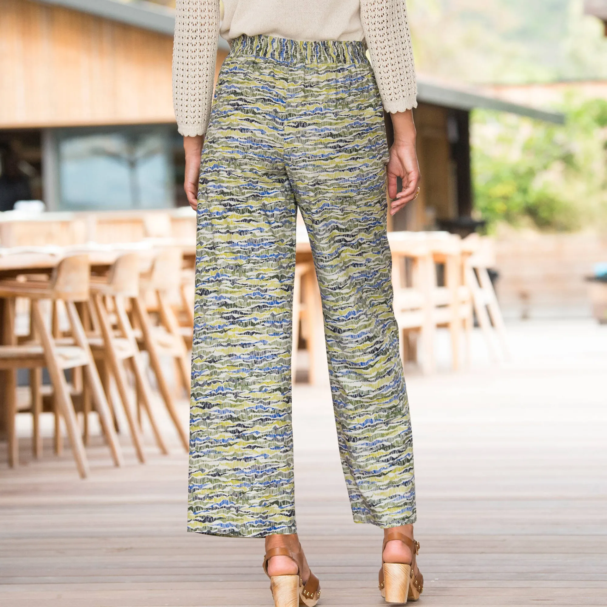 Broek<Blancheporte Ruime, bedrukte broek, elastische taille kaki / blauw