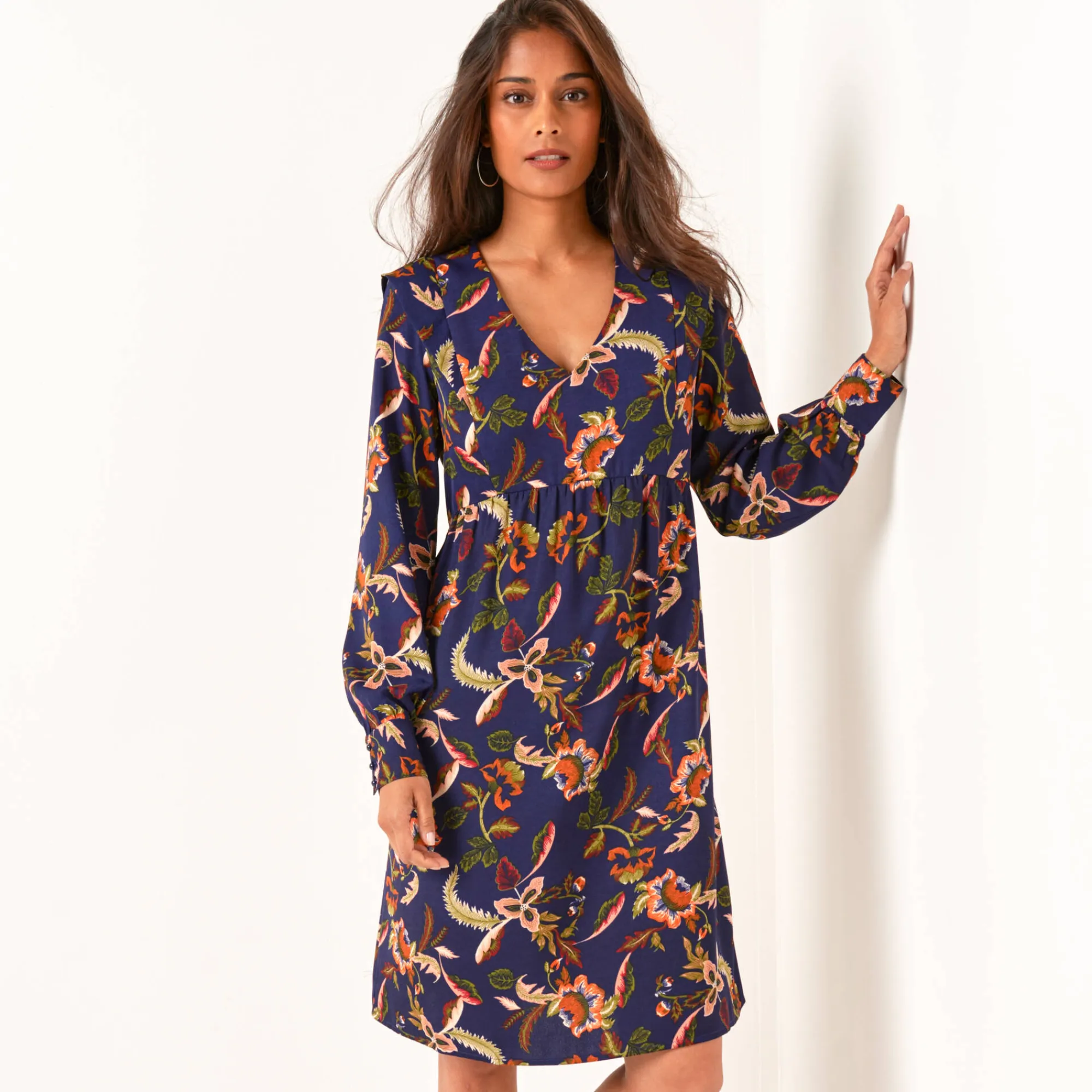 Jurk<Blancheporte Ruime, bedrukte jurk marine / beige