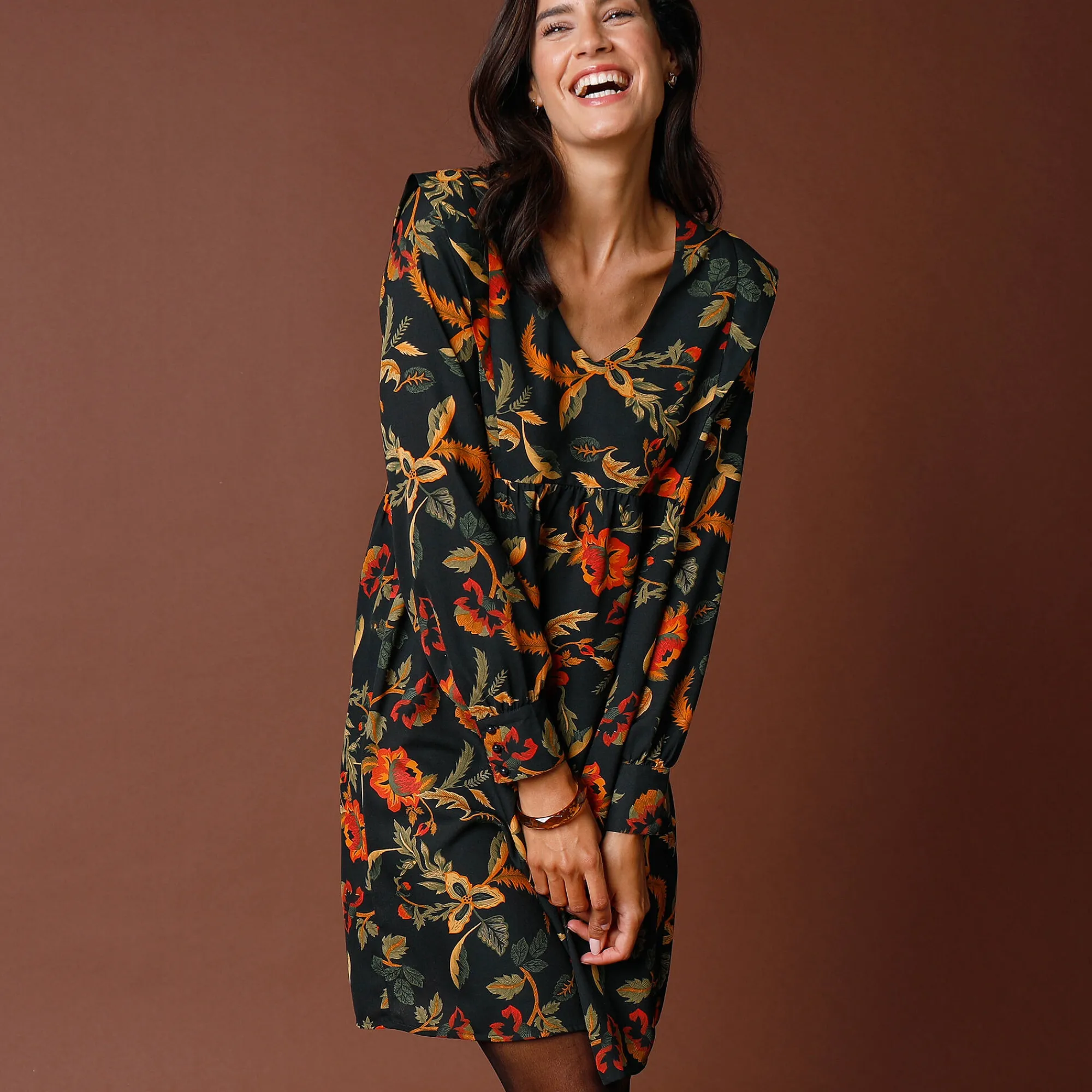 Feestoutfits Dames|Jurk<Blancheporte Ruime, bedrukte jurk zwart / bronskleur