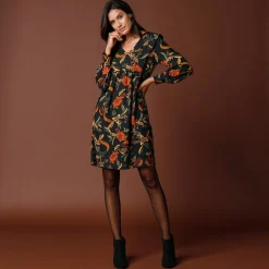 Feestoutfits Dames|Jurk<Blancheporte Ruime, bedrukte jurk zwart / bronskleur