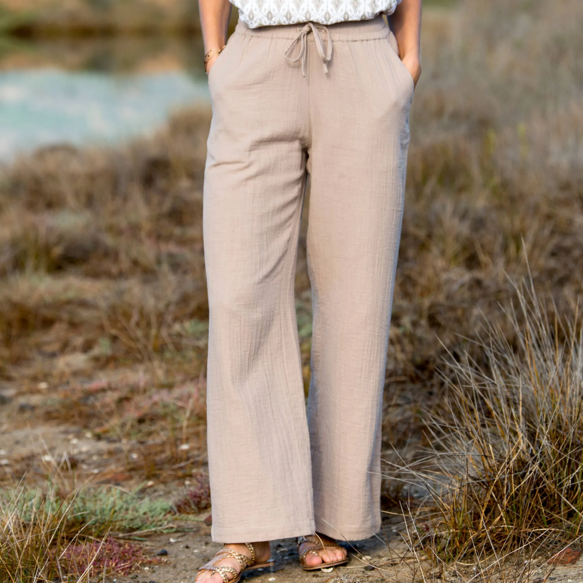 Broek<Blancheporte Ruime broek met hoge taille, katoengaas lichttaupe
