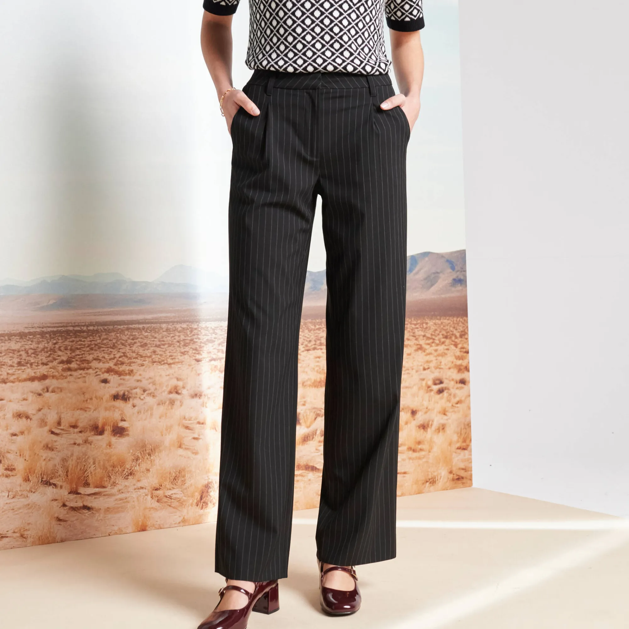 Broek<Blancheporte Ruime broek, strepenprint zwart