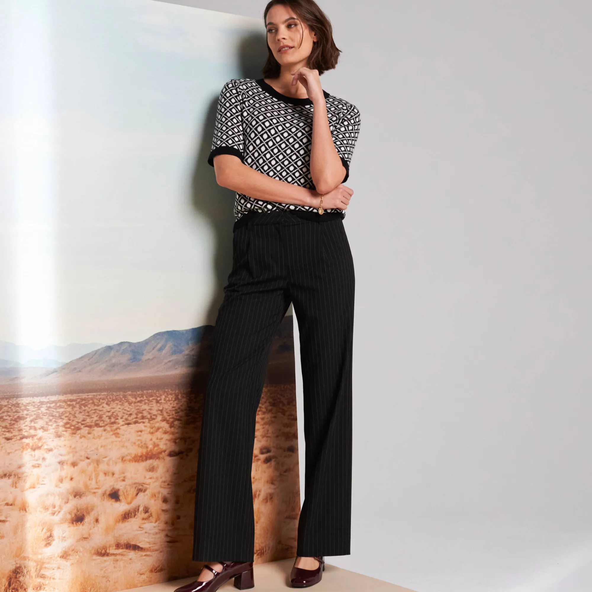 Broek<Blancheporte Ruime broek, strepenprint zwart