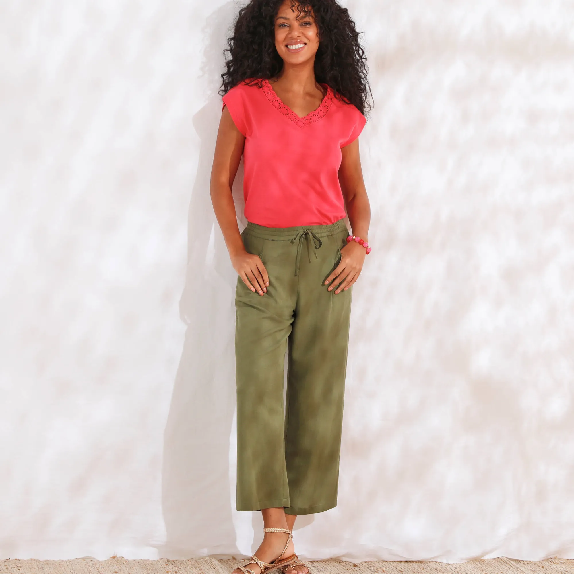Broek<Blancheporte Ruime 7/8-broek, viscose en linnen kaki