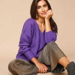 Feestoutfits Dames|Broek<Blancheporte Ruime, comfortabele broek, glanzend tricot goudkleurig