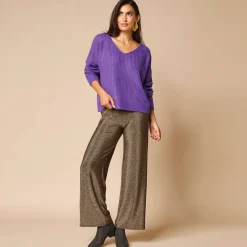 Feestoutfits Dames|Broek<Blancheporte Ruime, comfortabele broek, glanzend tricot goudkleurig